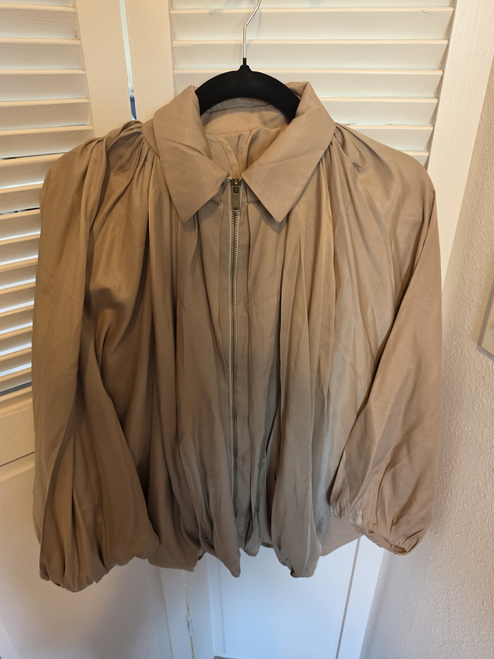 Neutral Pleated Bomber Jacket with Collar